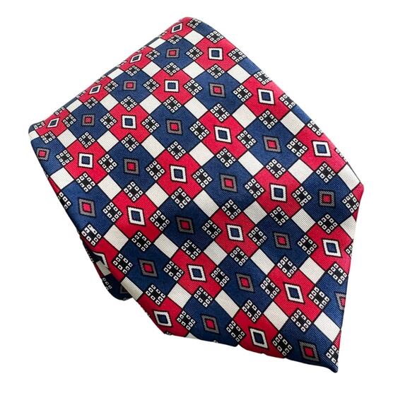 Robert Talbott 100% silk hand sewn geometric red white & blue neck tie 4” w - Picture 1 of 5